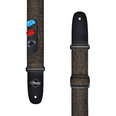 AMUMU Cotton Linen Woven Brown with Pick Holder Guitar Strap -HL01W-BN